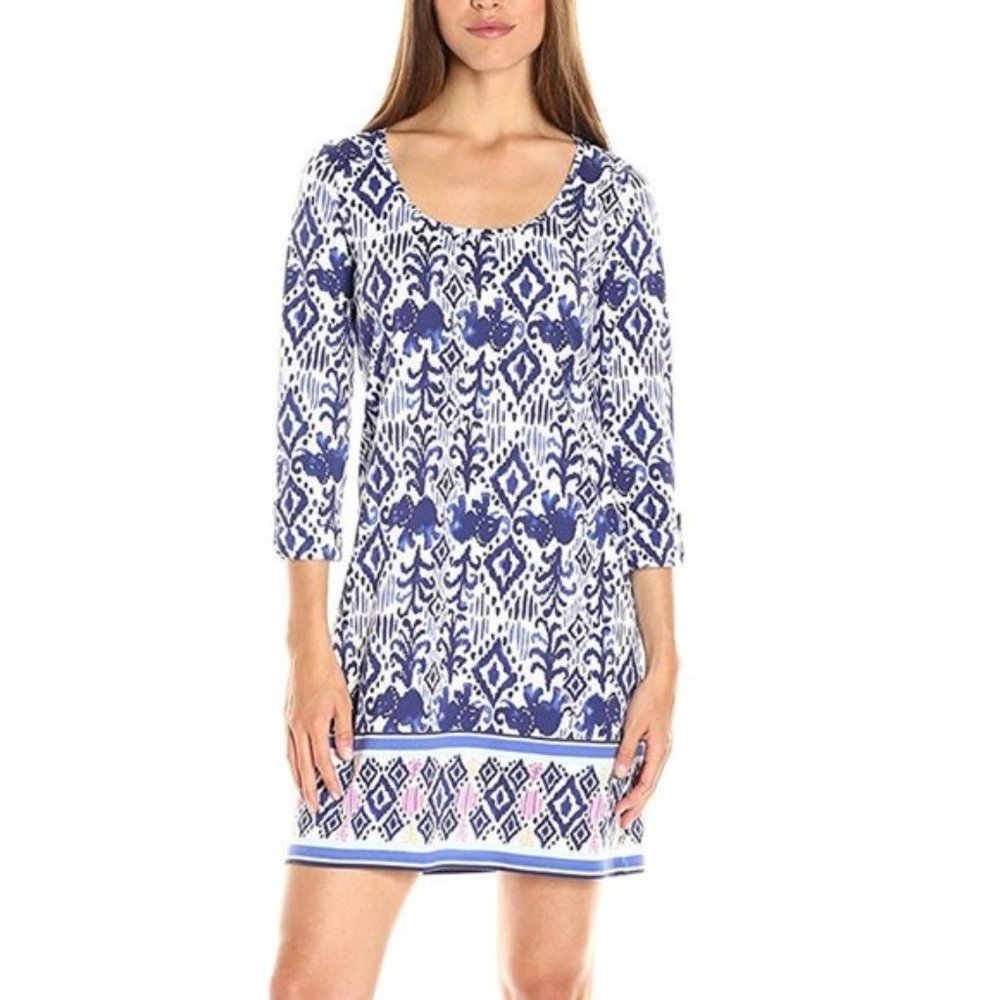 Lilly Pulitzer Ocean Ridge Dress Size XS 3/4 Sleeve Printed Blue Pink Ikat